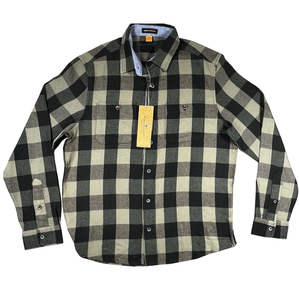 NWT Tailor Vintage Men Buffalo Plaid‎ Flannel Shirt M Olive Blk Luxe Performance